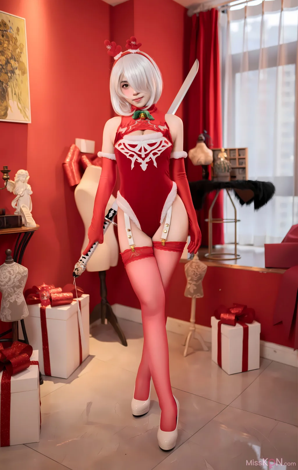 Coser@Bangni邦尼: 圣诞尼尔 红裙御姐 (132 photos)